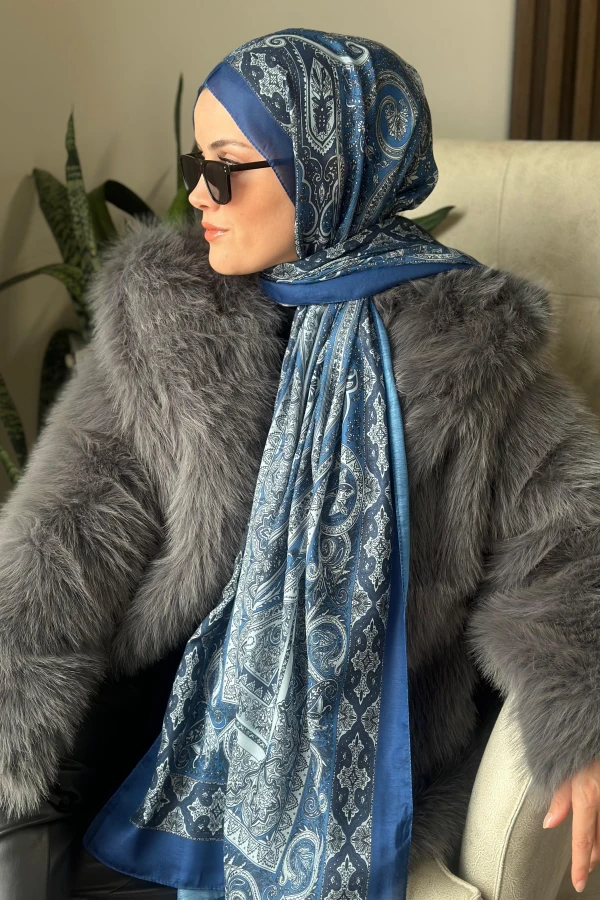 Özel Seri Etro Desen Soft Pamuk Şal -  Açık Lacivert