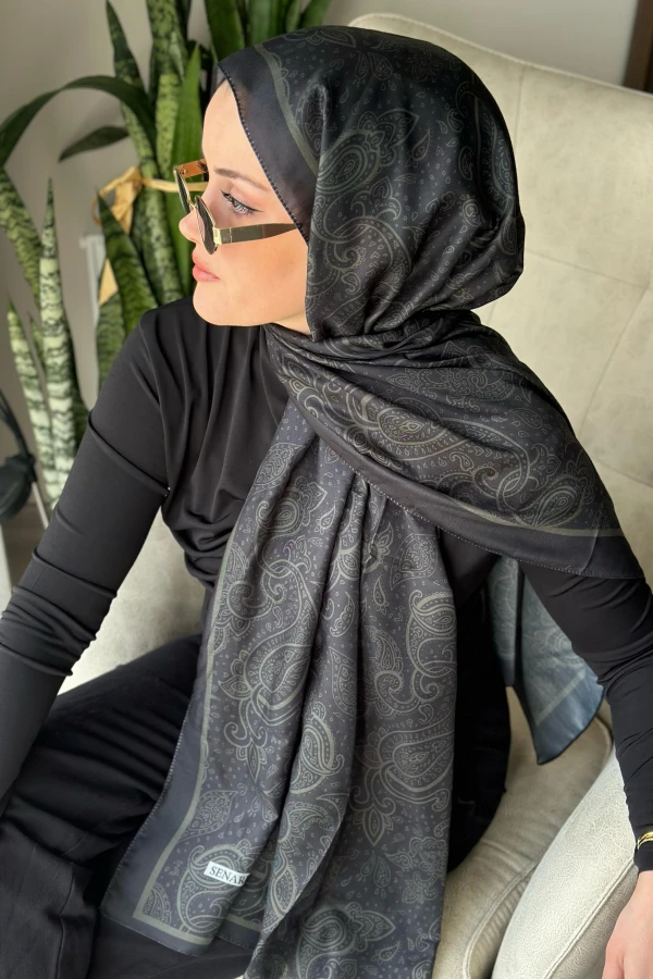 Bohemian Desen Soft Pamuk Şal - Siyah-Yeşil