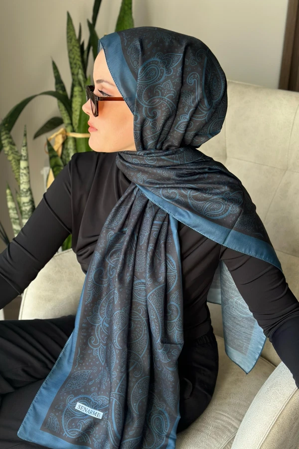Bohemian Desen Soft Pamuk Şal - Gece Mavisi