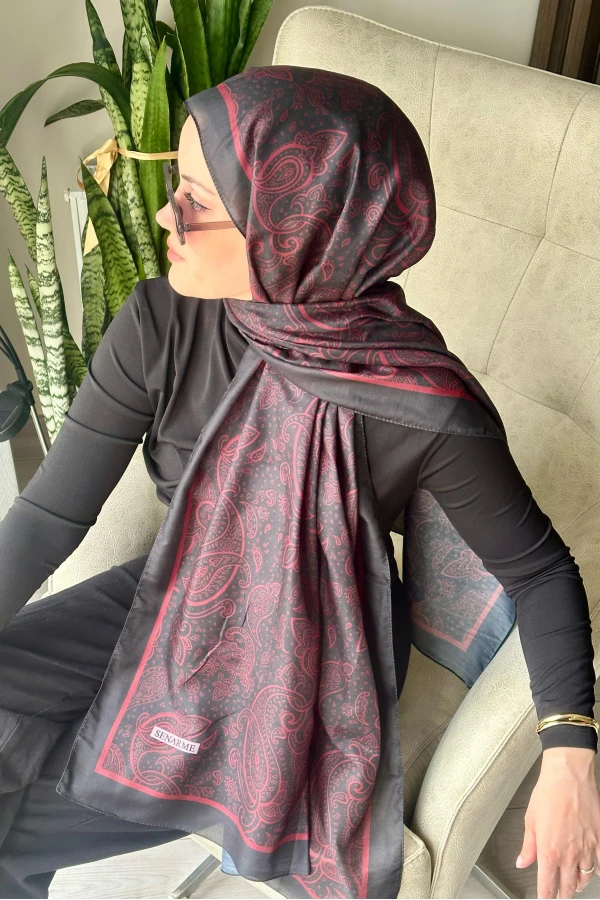 Bohemian Desen Soft Pamuk Şal - Siyah- Bordo
