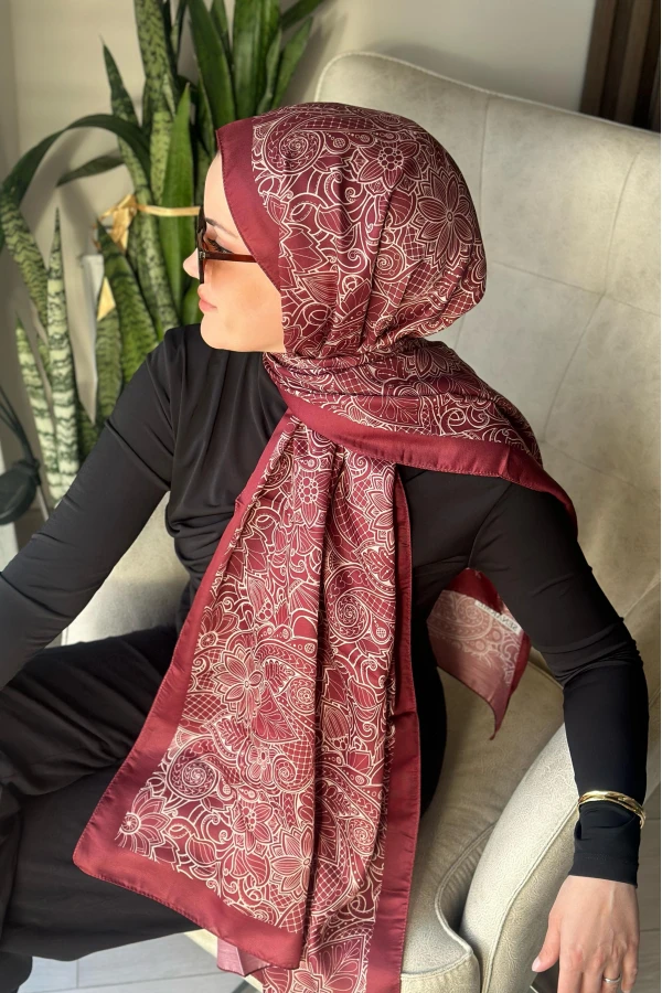 İconic  Desen Soft Pamuk Şal - Bordo Beyaz 