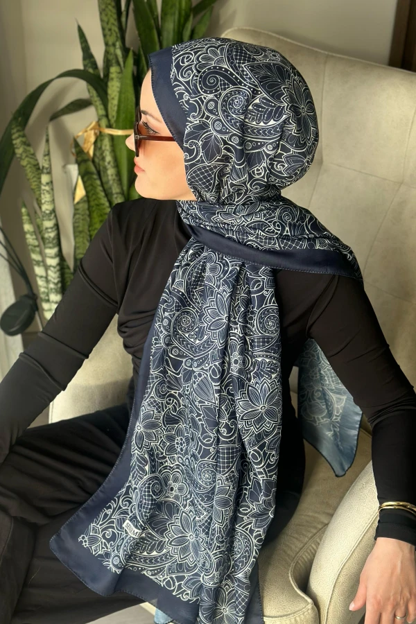 İconic  Desen Soft Pamuk Şal - Laciveert