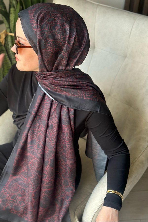 İconic  Desen Soft Pamuk Şal - Bordoo-Siyah 