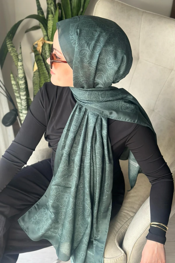 İconic  Desen Soft Pamuk Şal - Koyu Yeşil